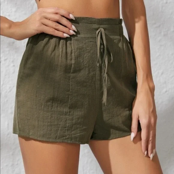 𝅺frill TRIM KNOT WAIST SOLID  SHORTS | ARMY GREEN | PLAIN | SOLID | FRONT TIE - Picture 2 of 6